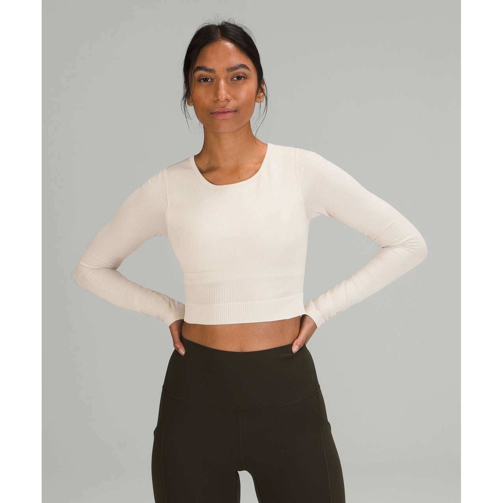 Lululemon Ebb to Street Long Sleeve White Opal Ribbed Crop Top W3DZNS Womens 6